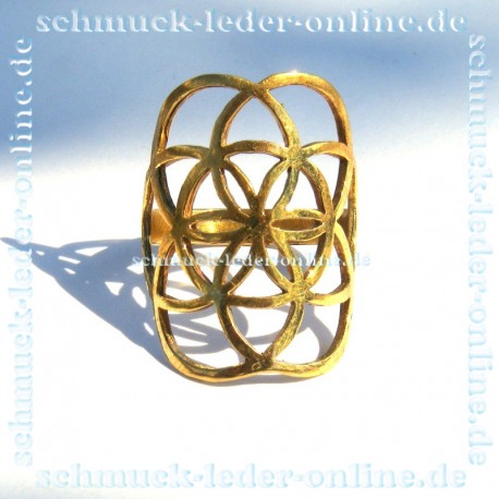 Goldener Messing Mandala Samen Blume des Lebens Ring Damenring Goldfarbe Handarbeit Handgemacht Bronze